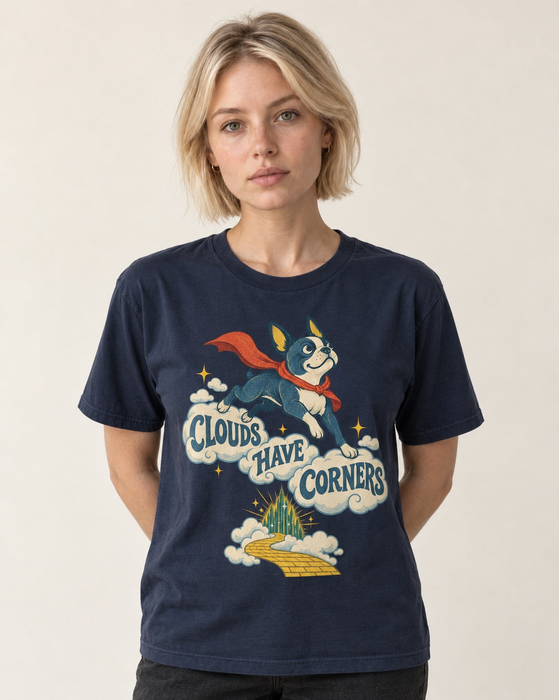 Clouds Have Corners Boston Terrier T-Shirt in Navy, worn by a model