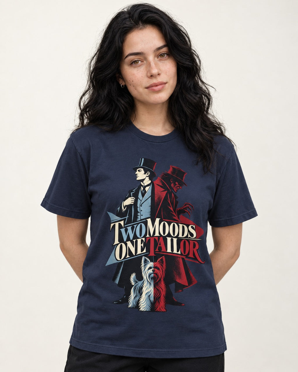 Yorkshire Terrier Two Moods One Tailor Split Persona Graphic T-Shirt in Navy, worn by a model