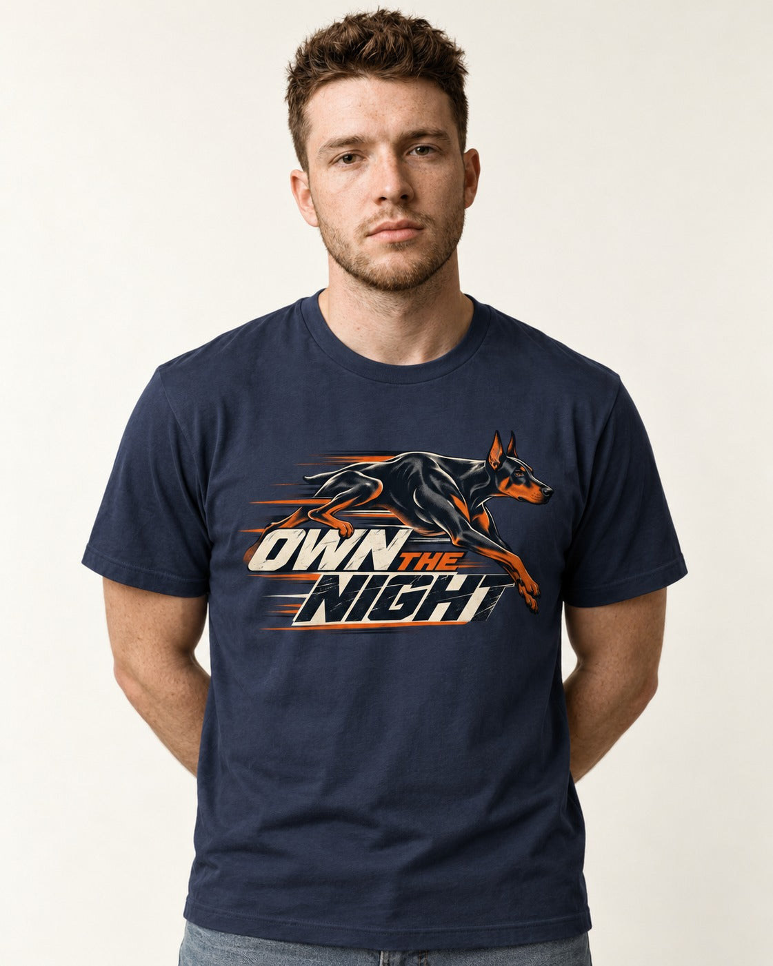 Doberman Own the Night Speed Graphic T-Shirt in Navy, worn by a model