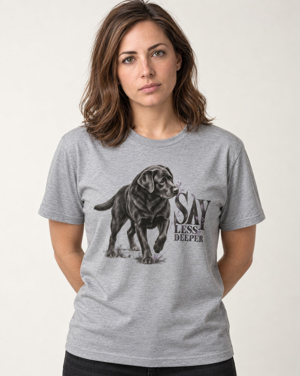 Say Less Deeper Labrador Retriever T-Shirt in Sport Grey, worn by a model