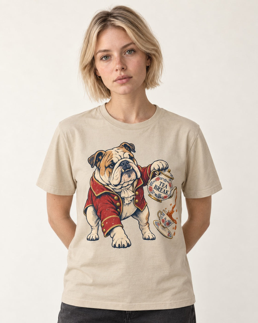 English Bulldog Tea Break T-Shirt in Sand, worn by a model