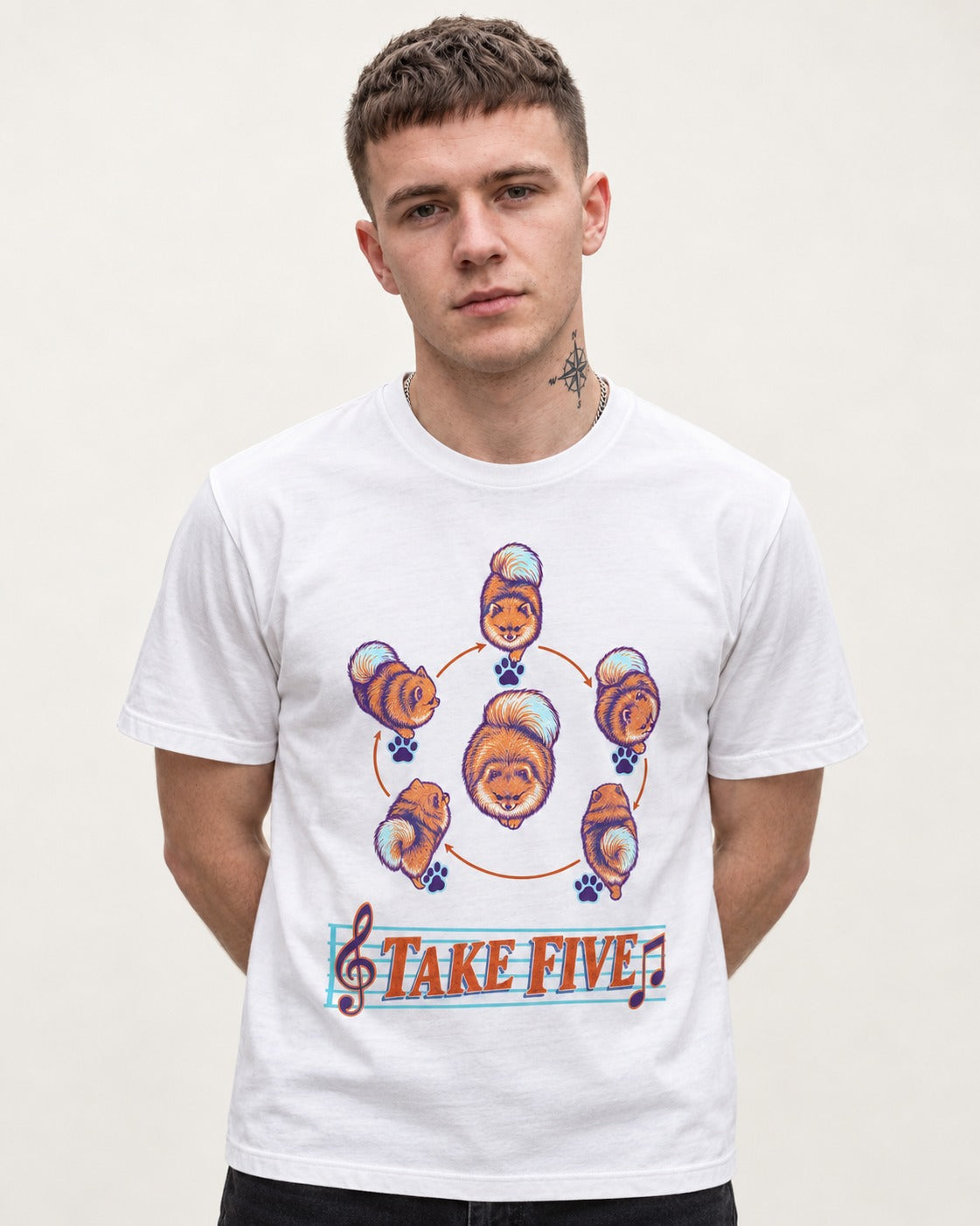 Pomeranian Take Five Choreography Cycle Graphic T-Shirt in White, worn by a model