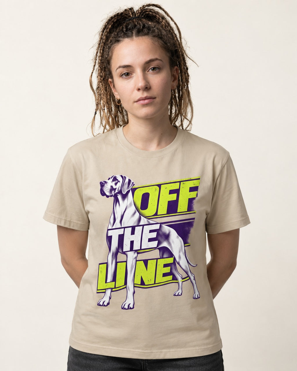 Great Dane Off the Line T-Shirt in Sand, worn by a model