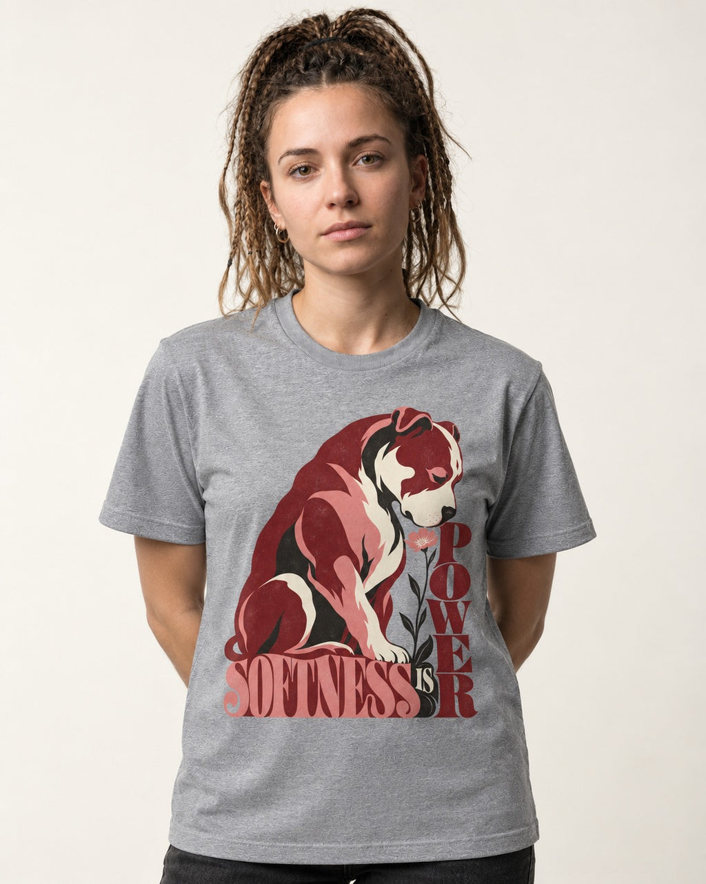 Pitbull Softness Is Power Flower Graphic T-Shirt in Sport Grey, worn by a model