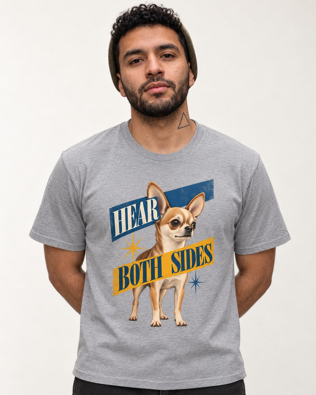 Chihuahua Hear Both Sides Banner Graphic T-Shirt in Sport Grey, worn by a model