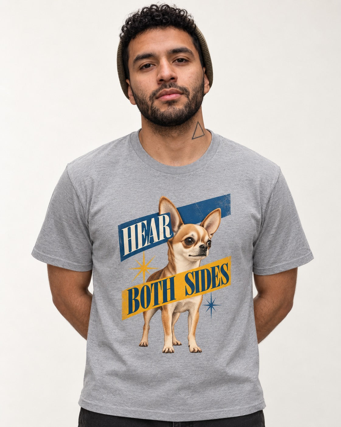 Chihuahua Hear Both Sides Banner Graphic T-Shirt in Sport Grey, worn by a model