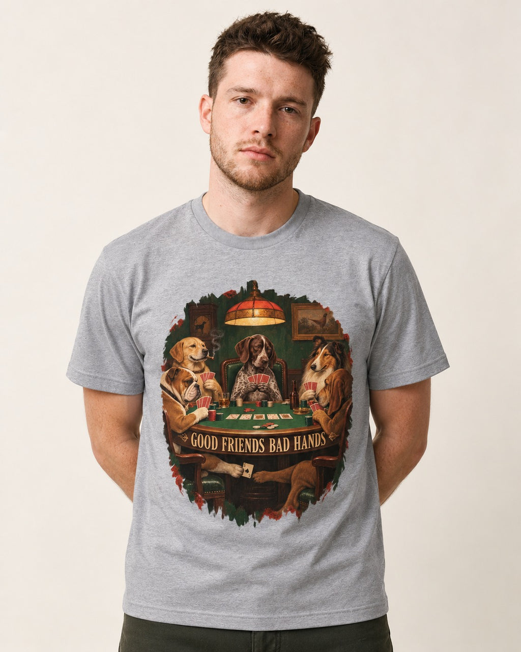 German Shorthaired Pointer Good Friends Bad Hands Poker Night Graphic T-Shirt in Sport Grey, worn by a model