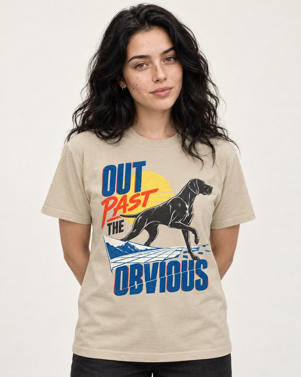 Out Past the Obvious German Shorthaired Pointer T-Shirt in Sand, worn by a model