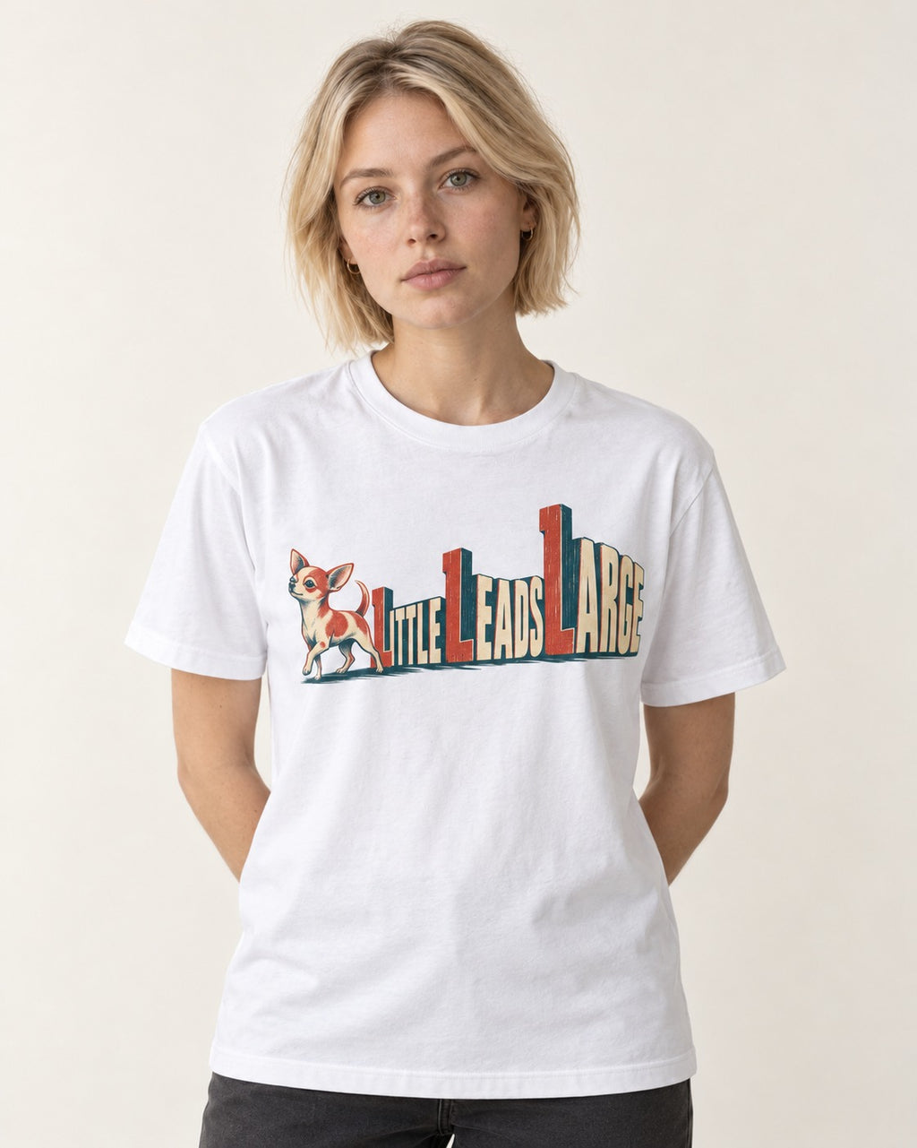 Chihuahua Little Leads Large Perspective Typography T-Shirt in White, worn by a model