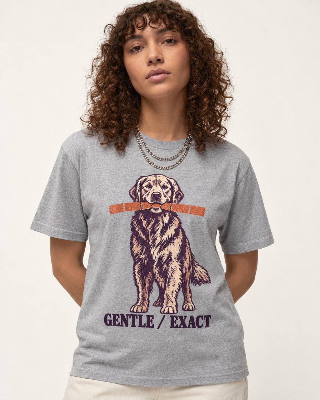 Golden Retriever Gentle Exact Paper Bridge Graphic T-Shirt in Sport Grey, worn by a model