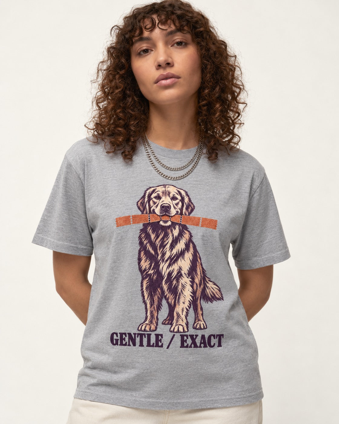 Golden Retriever Gentle Exact Paper Bridge Graphic T-Shirt in Sport Grey, worn by a model