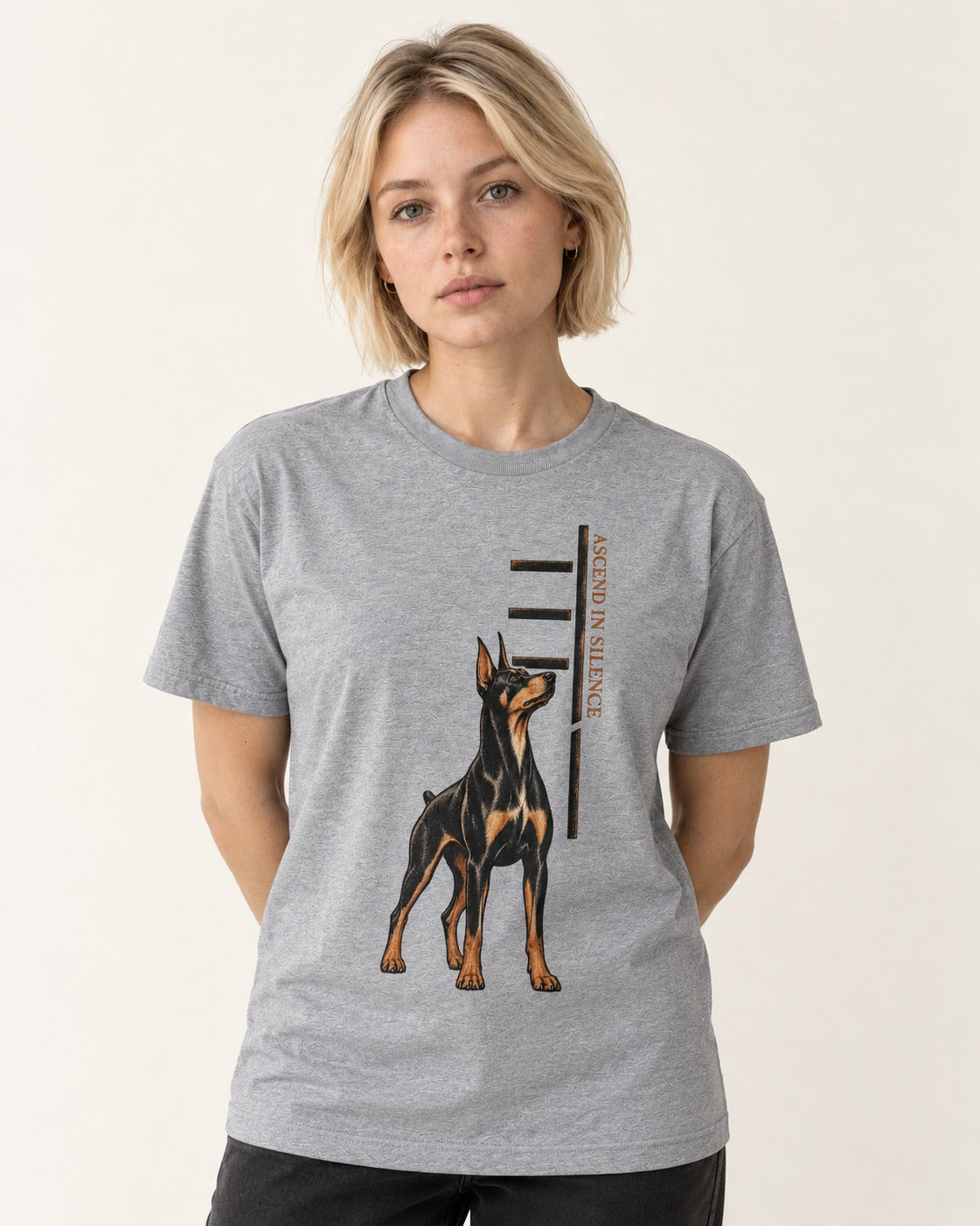 Doberman Ascend in Silence T-Shirt in Sport Grey, worn by a model