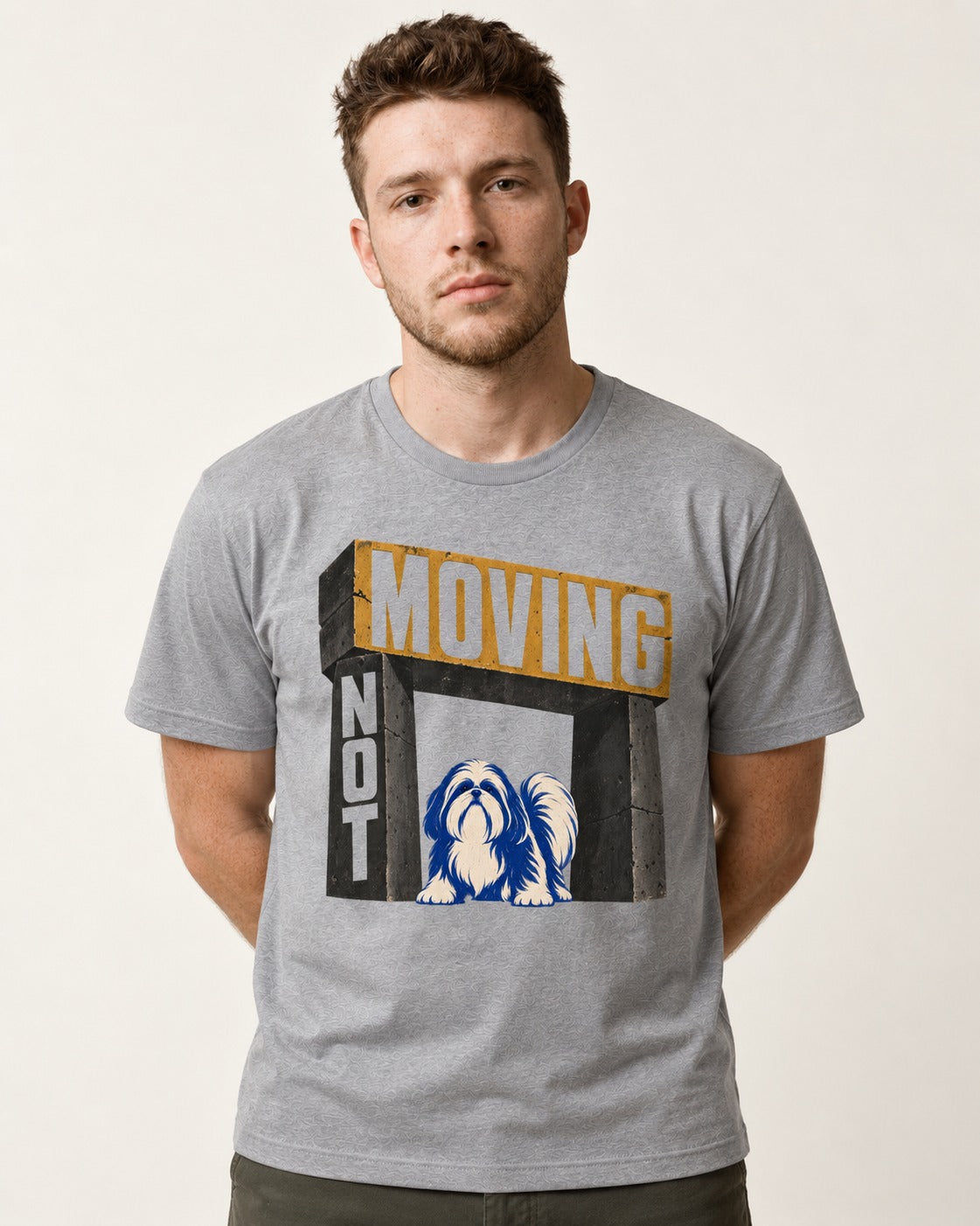 Not Moving Shih Tzu T-Shirt in Sport Grey, worn by a model