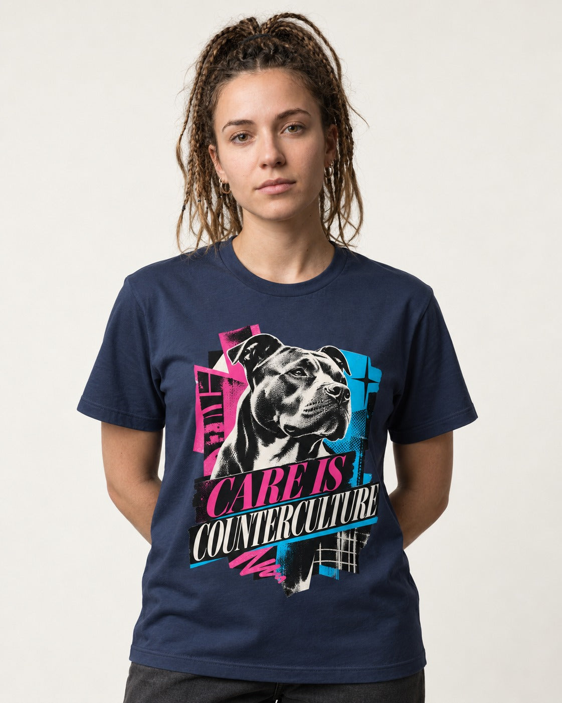 Pitbull Care Is Counterculture Neon Collage Portrait Graphic T-Shirt in Navy, worn by a model