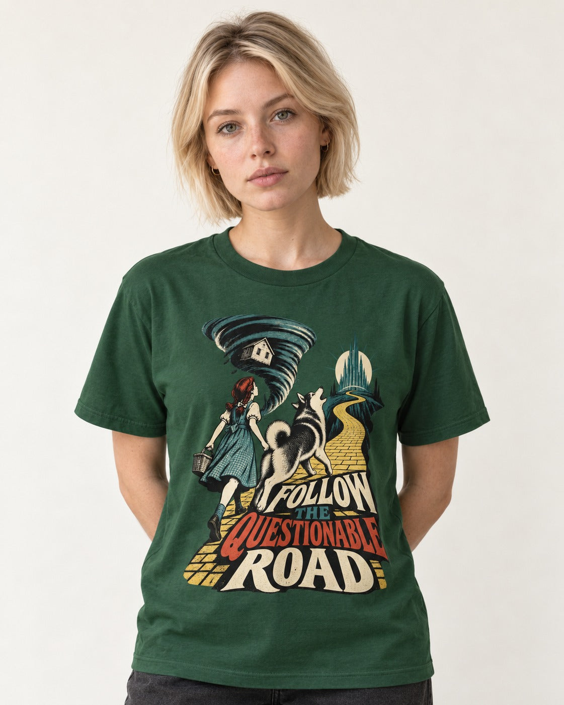 Husky Follow the Questionable Road Tornado Graphic T-Shirt in Forest Green, worn by a model