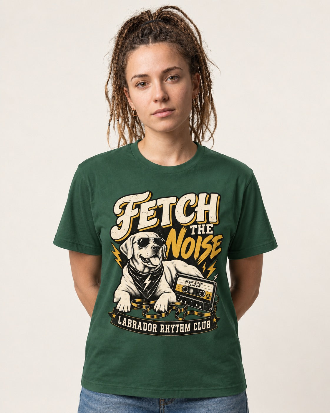 Labrador Retriever Fetch the Noise Rhythm Club DJ Graphic T-Shirt in Forest Green, worn by a model