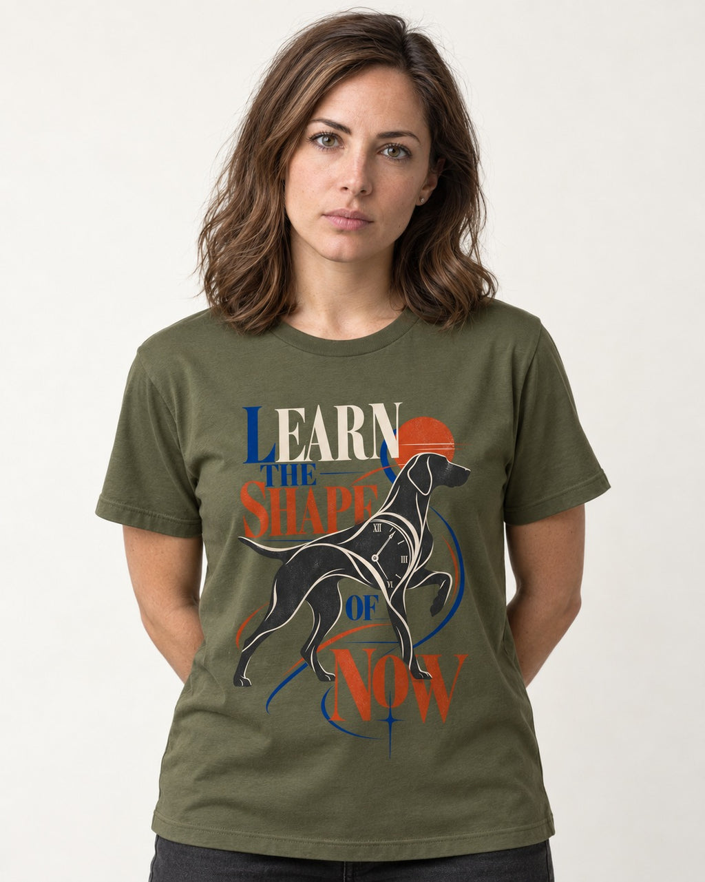 German Shorthaired Pointer Learn the Shape of Now Clock Graphic T-Shirt in Heather Military Green, worn by a model