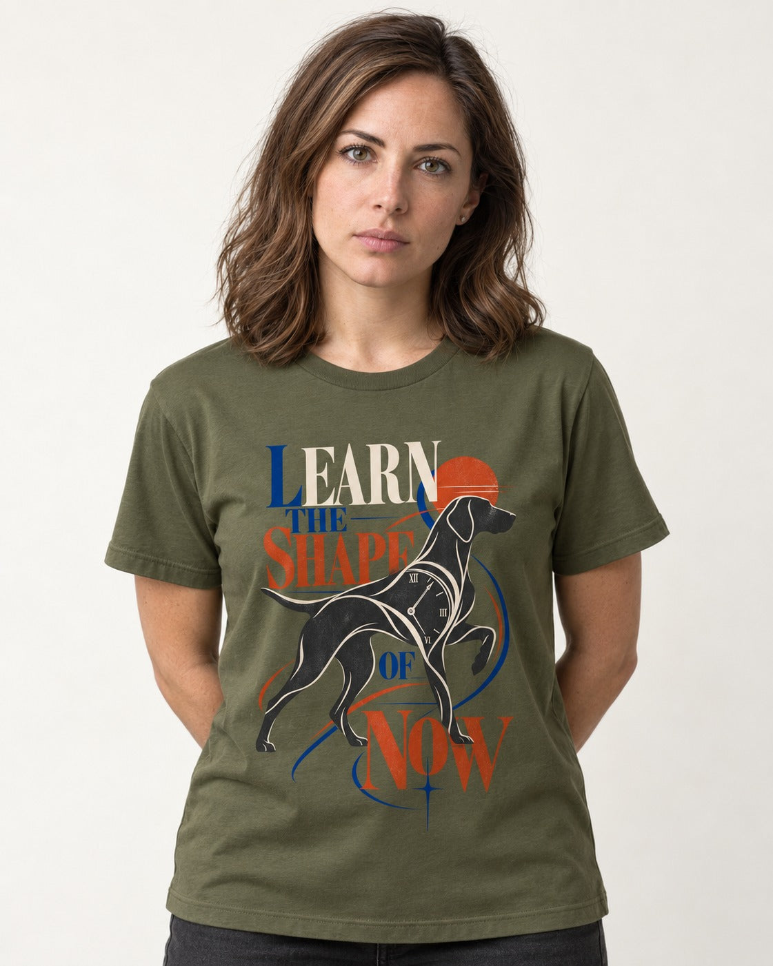 German Shorthaired Pointer Learn the Shape of Now Clock Graphic T-Shirt in Heather Military Green, worn by a model