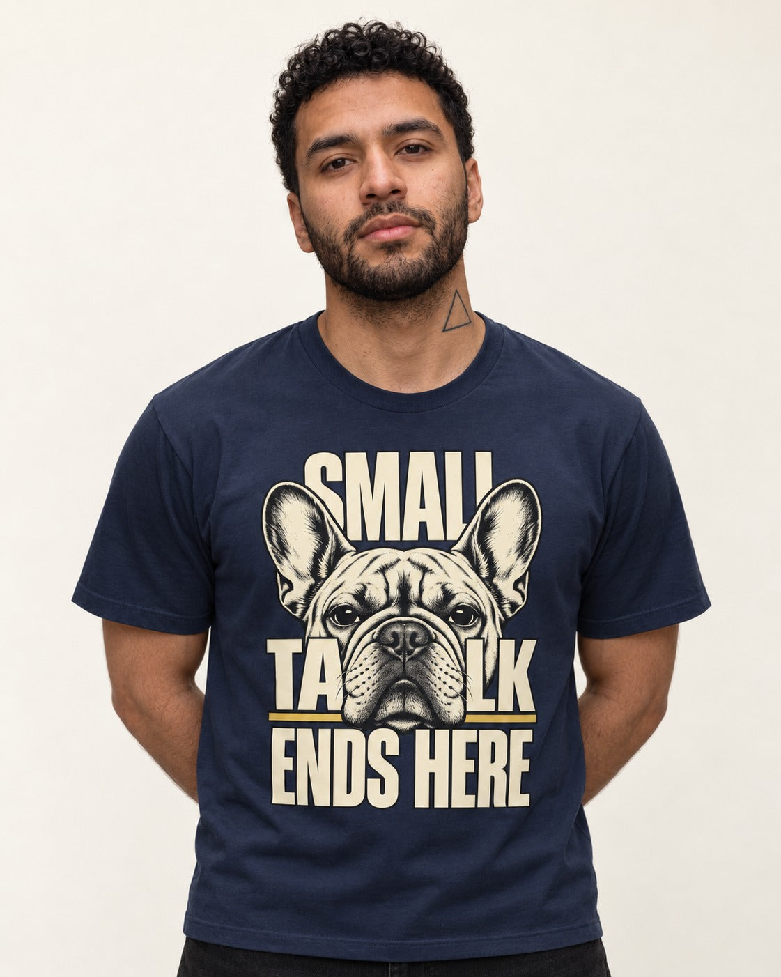 Frenchie Small Talk Ends Here Portrait Graphic T-Shirt in Navy, worn by a model