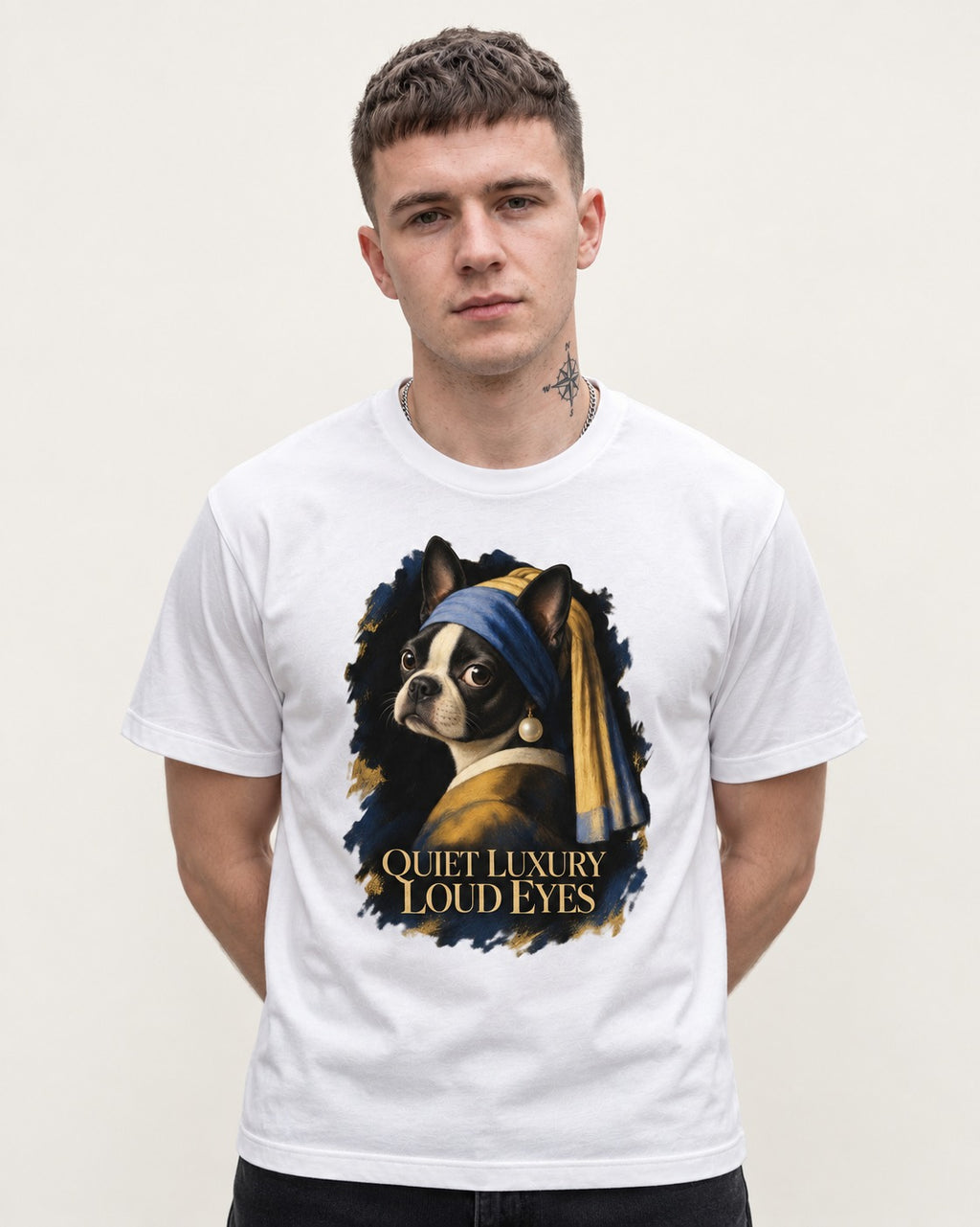 Quiet Luxury Loud Eyes Boston Terrier Pearl Portrait T-Shirt in White, worn by a model