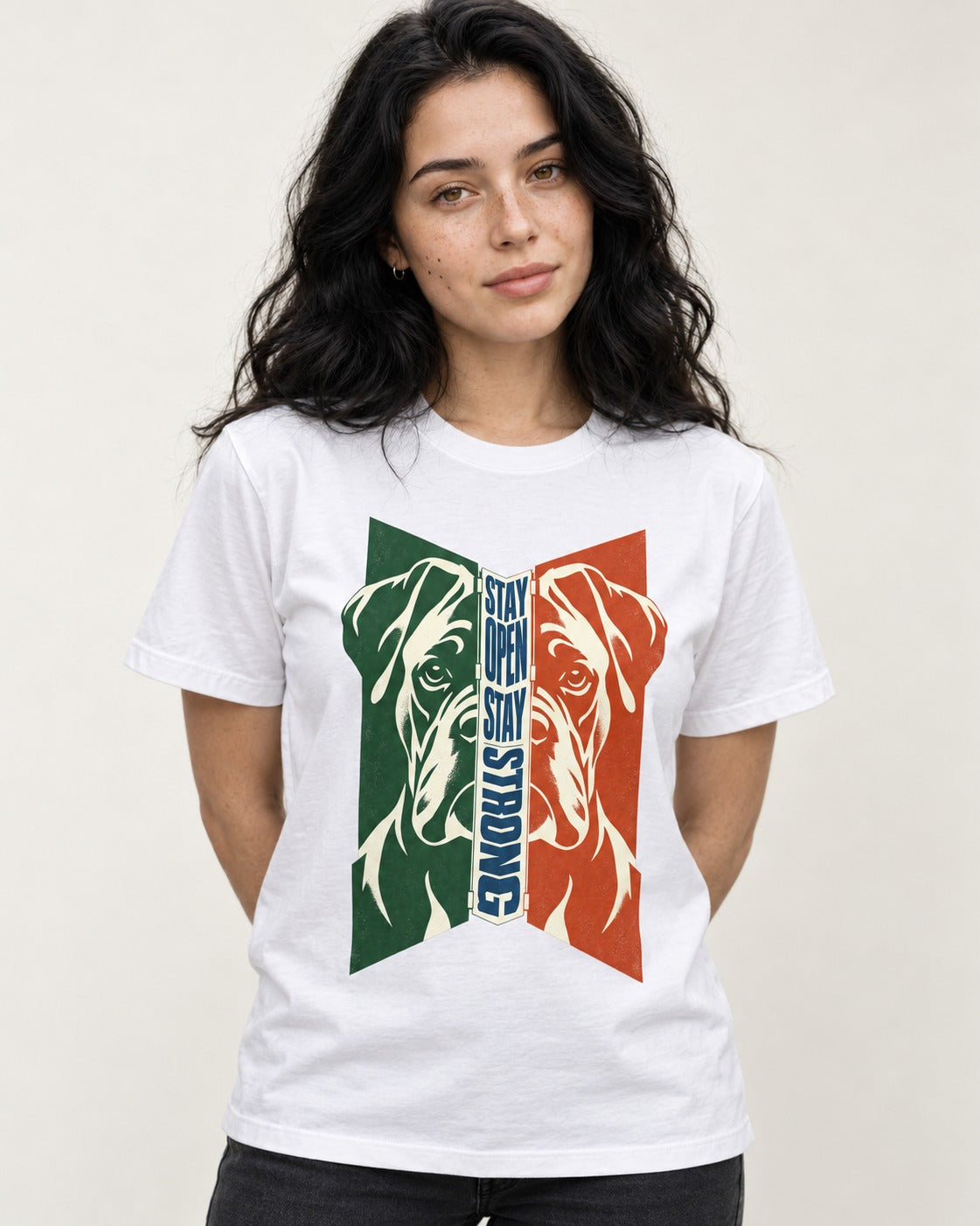 Boxer Stay Open Stay Strong T-Shirt in White, worn by a model