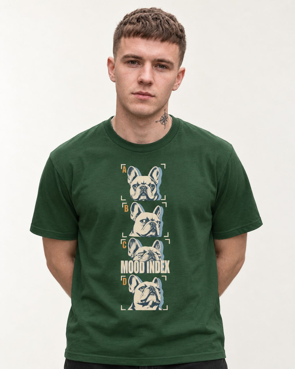 Frenchie Mood Index Four-Panel Strip Graphic T-Shirt in Forest Green, worn by a model