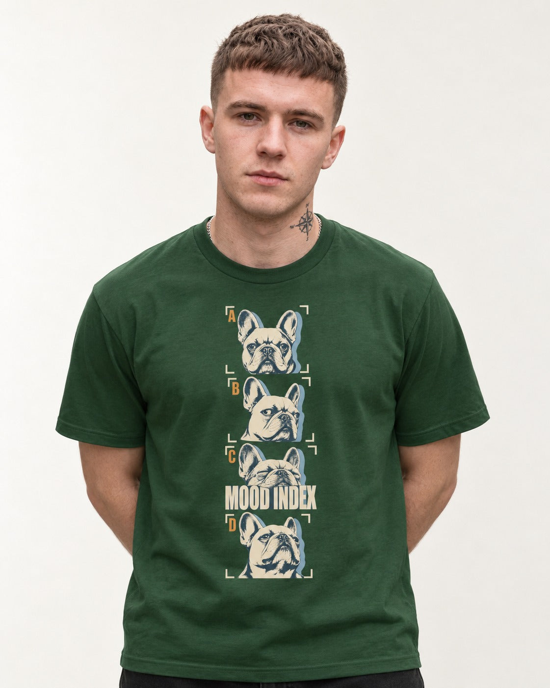 Frenchie Mood Index Four-Panel Strip Graphic T-Shirt in Forest Green, worn by a model