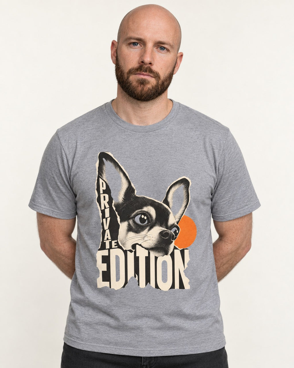 Chihuahua Private Edition Cut-Paper Portrait T-Shirt in Sport Grey, worn by a model