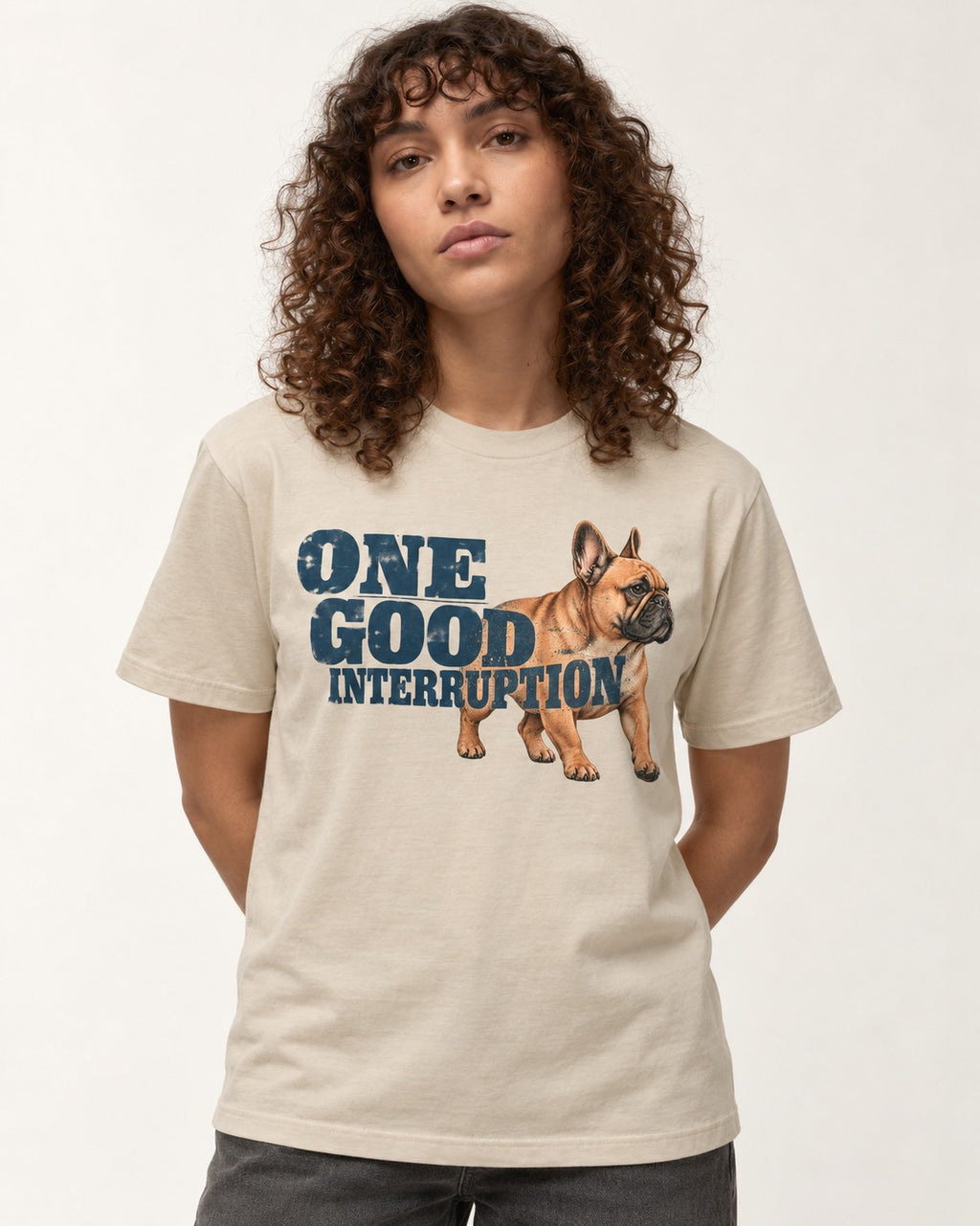 One Good Frenchie Interruption T-Shirt in Sand, worn by a model