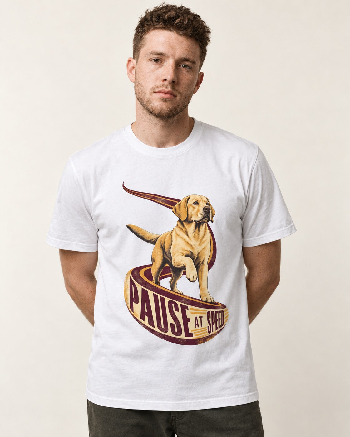 Labrador Retriever Pause at Speed Ribbon Graphic T-Shirt in White, worn by a model