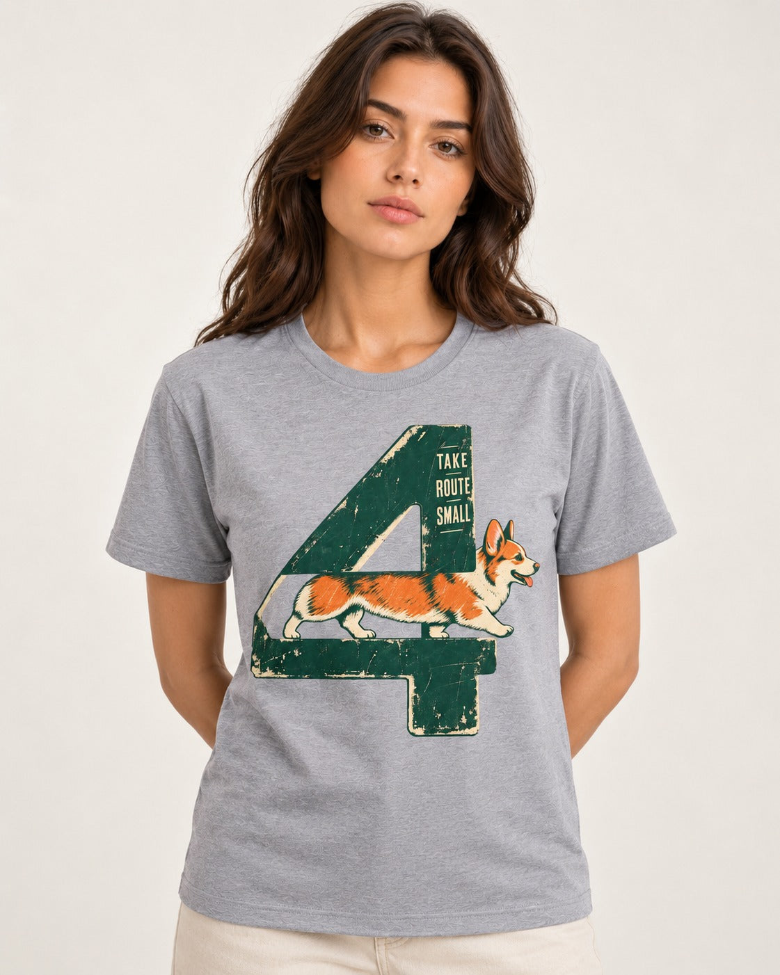 Take Route Small Corgi T-Shirt in Sport Grey, worn by a model