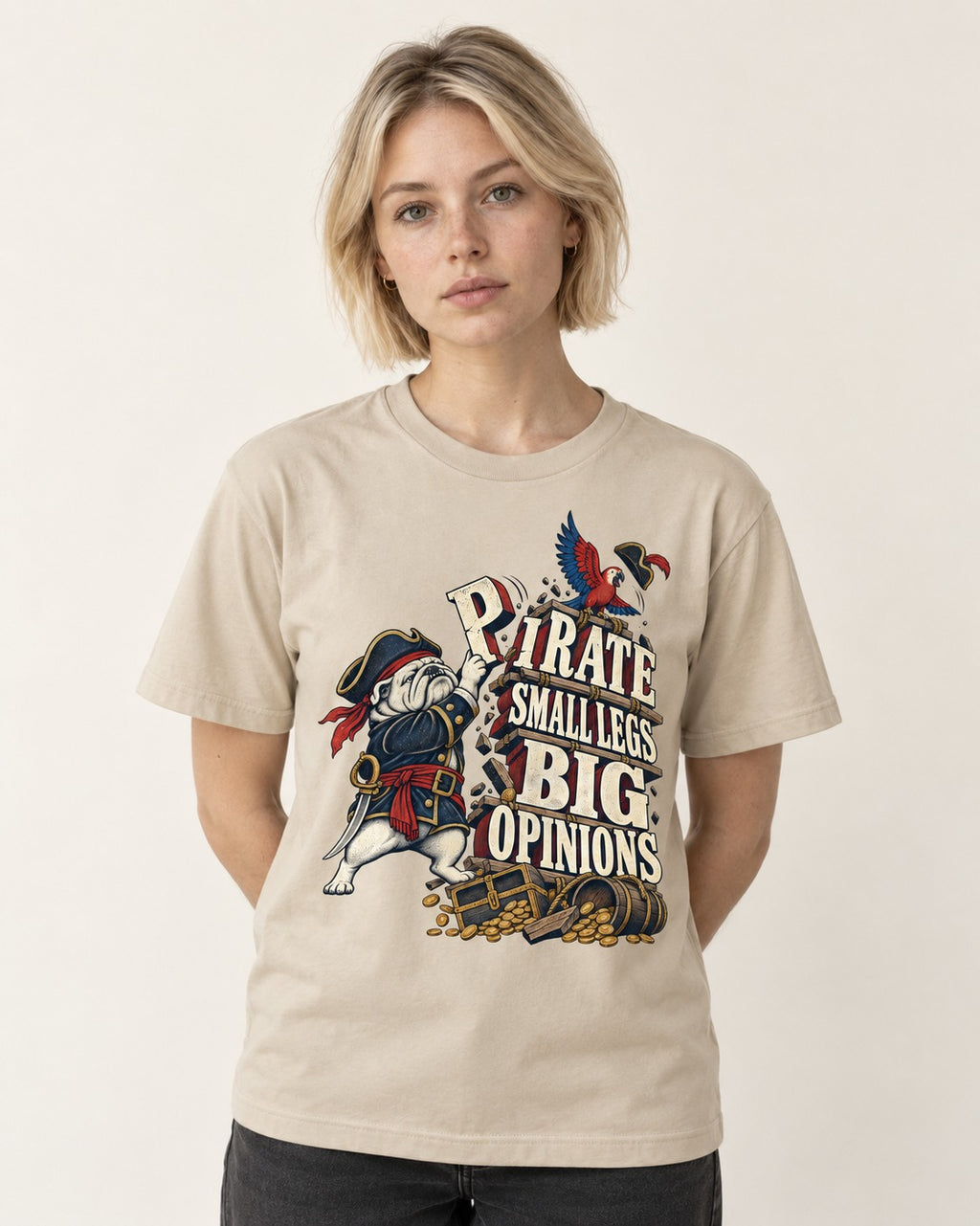 Pirate English Bulldog Big Opinions T-Shirt in Sand, worn by a model