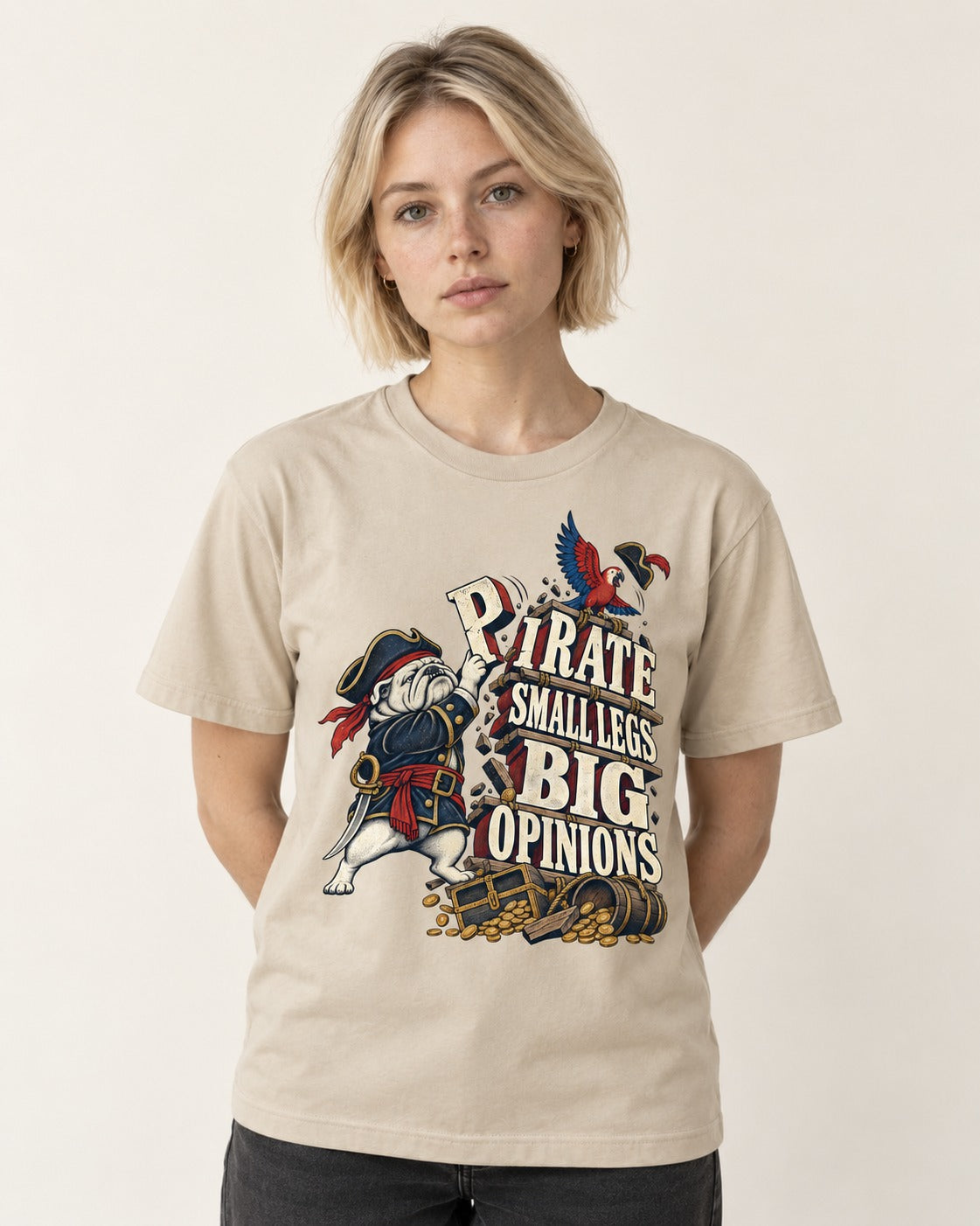 Pirate English Bulldog Big Opinions T-Shirt in Sand, worn by a model