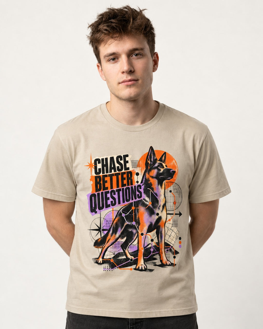 Chase Better Questions German Shepherd Dog T-Shirt in Sand, worn by a model