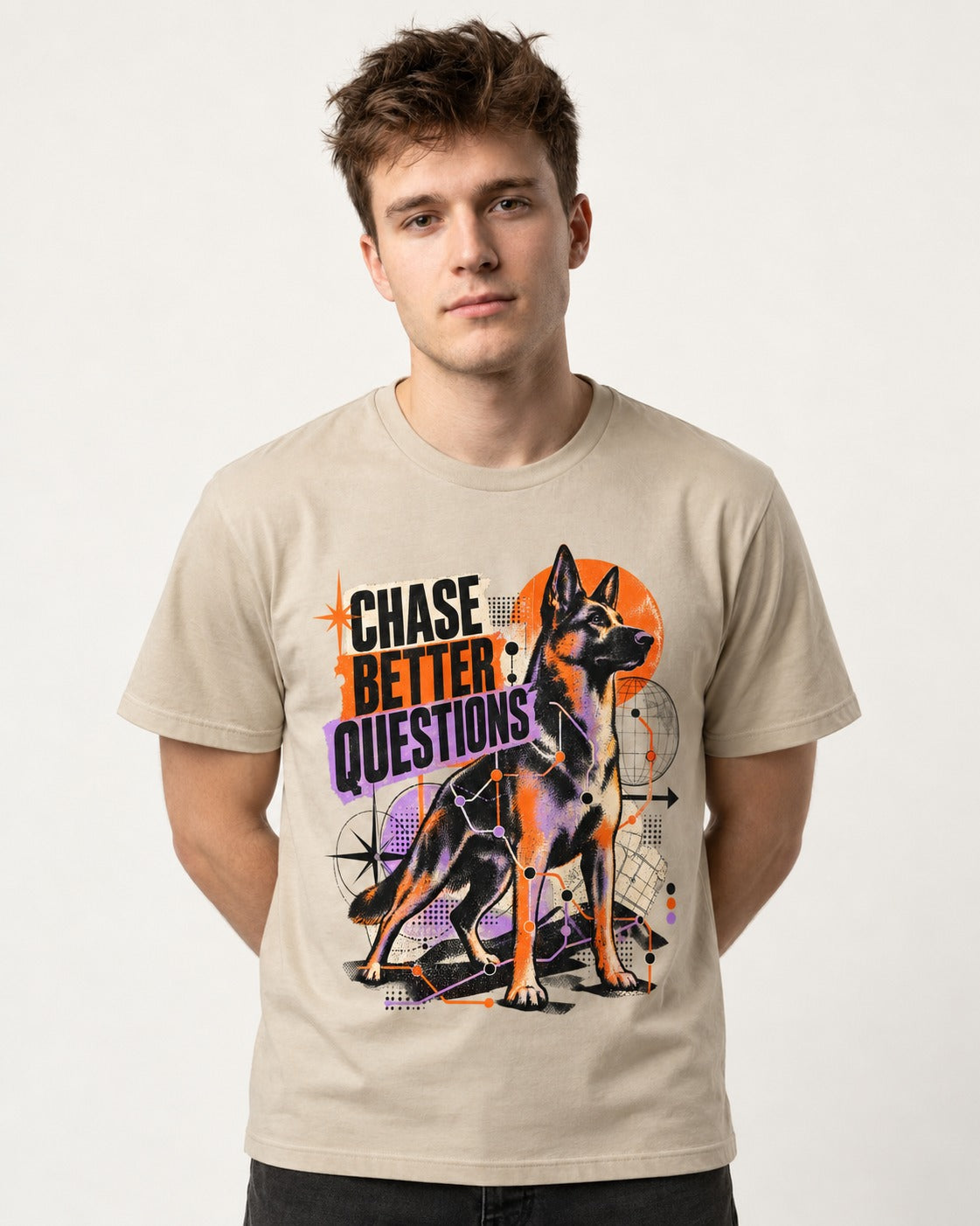 Chase Better Questions German Shepherd Dog T-Shirt in Sand, worn by a model