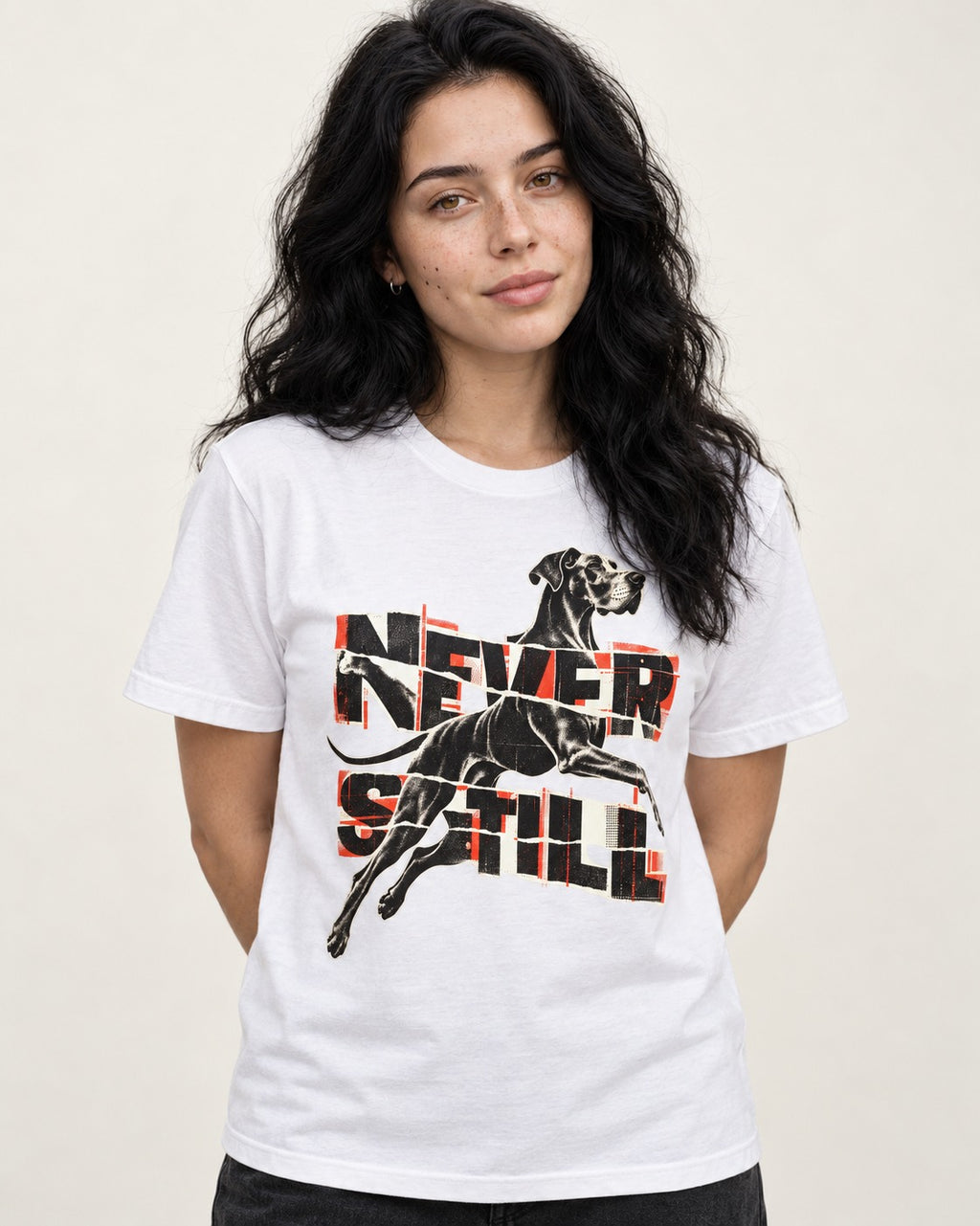 Great Dane Never Still Leaping Collage Graphic T-Shirt in White, worn by a model