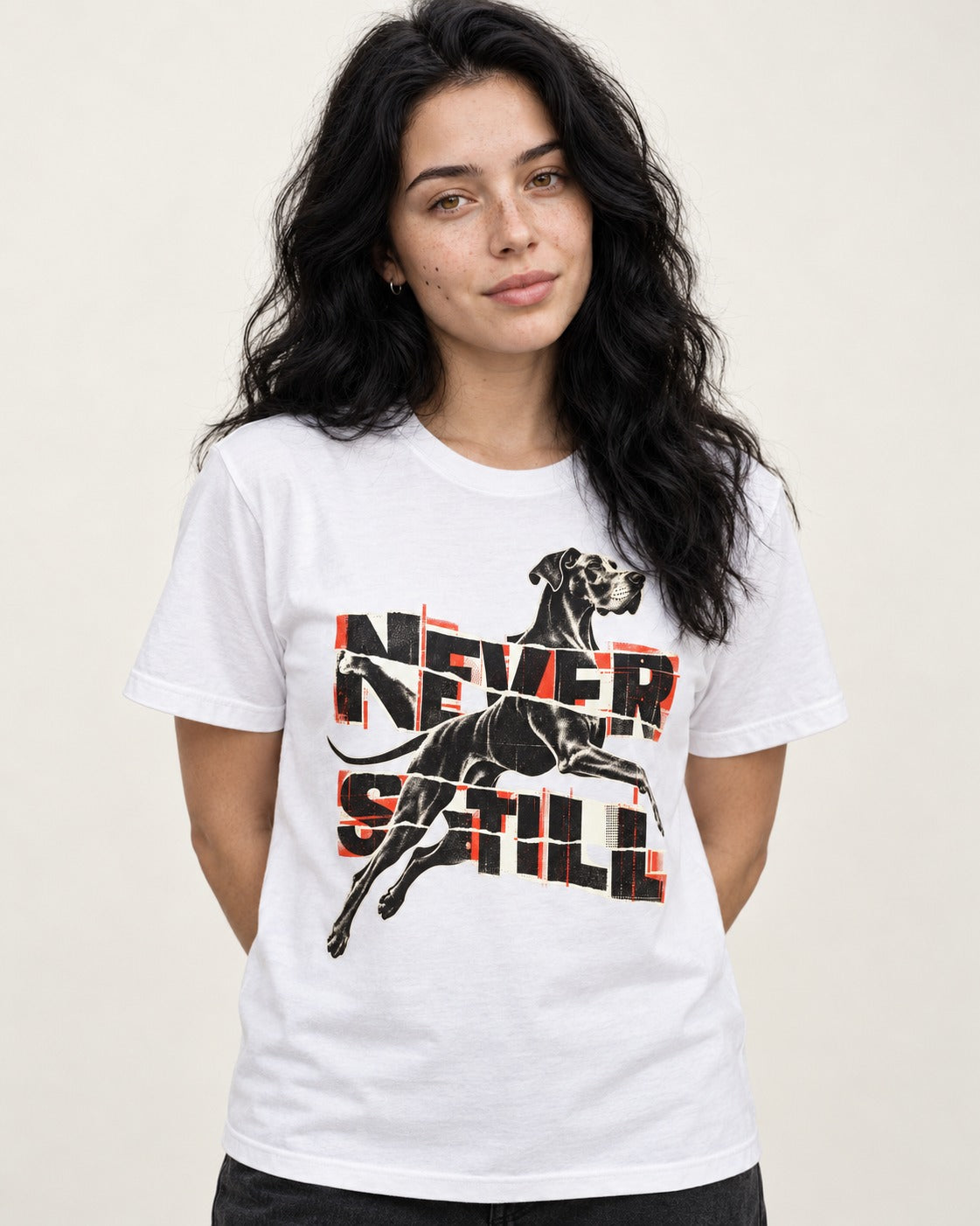 Great Dane Never Still Leaping Collage Graphic T-Shirt in White, worn by a model
