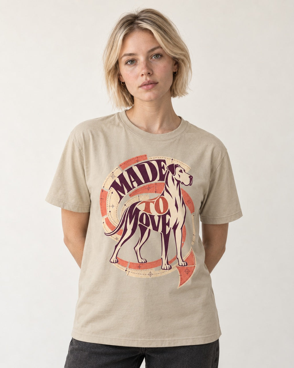 Great Dane Made to Move T-Shirt in Sand, worn by a model