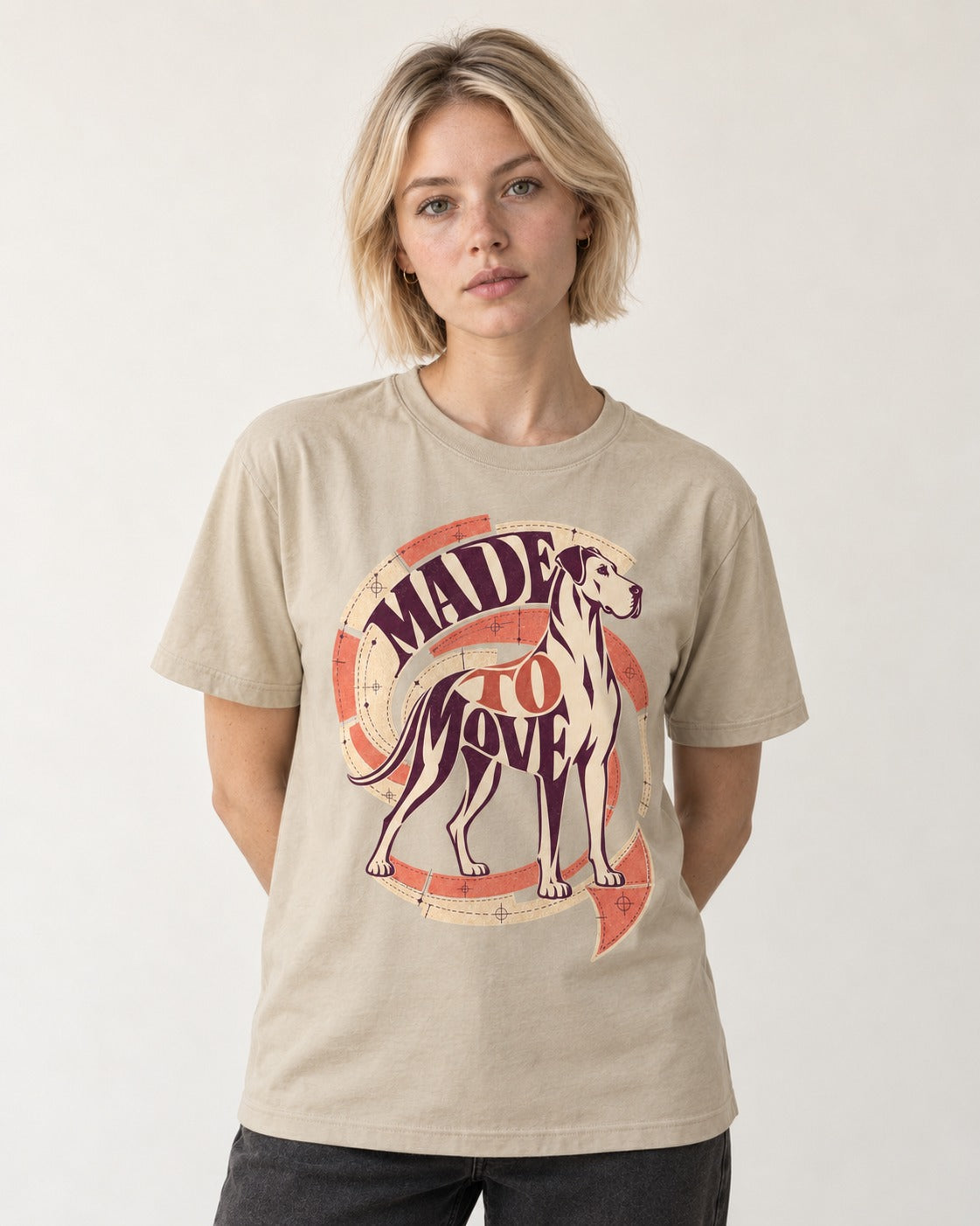 Great Dane Made to Move T-Shirt in Sand, worn by a model