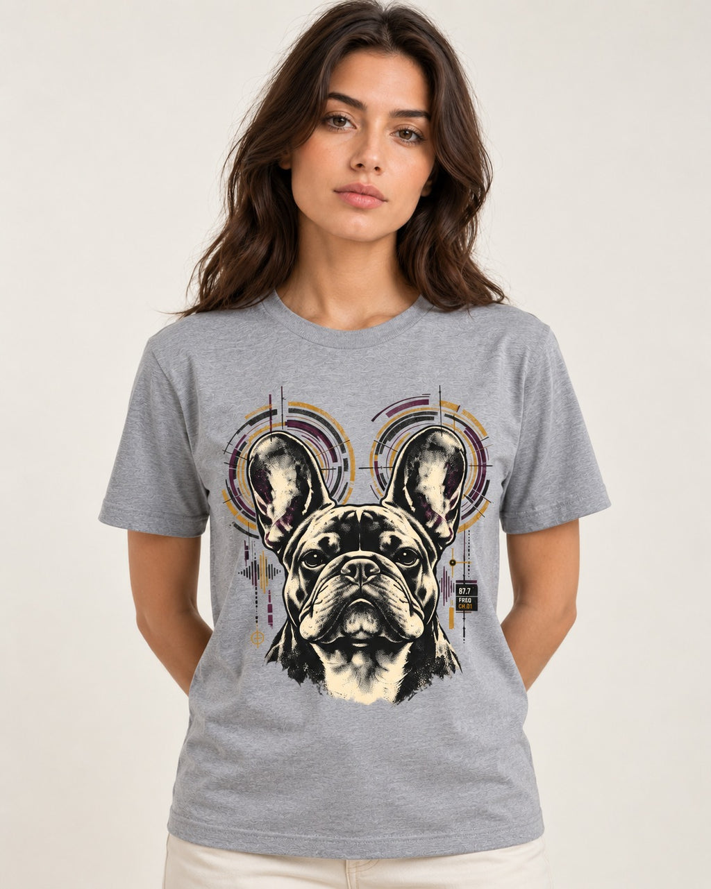 Frenchie Frequency T-Shirt in Sport Grey, worn by a model