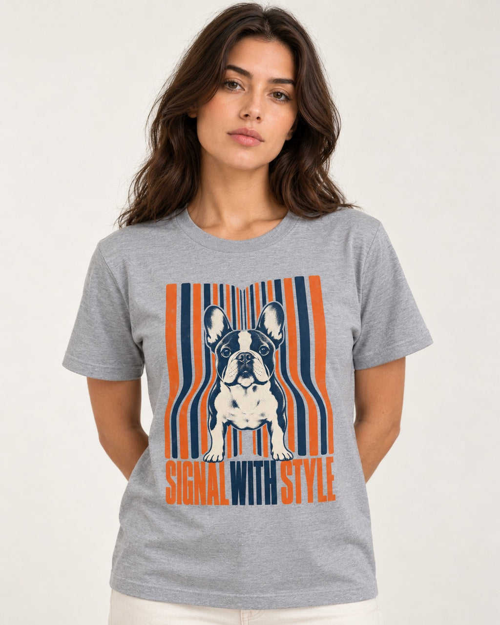 Frenchie Signal T-Shirt in Sport Grey, worn by a model
