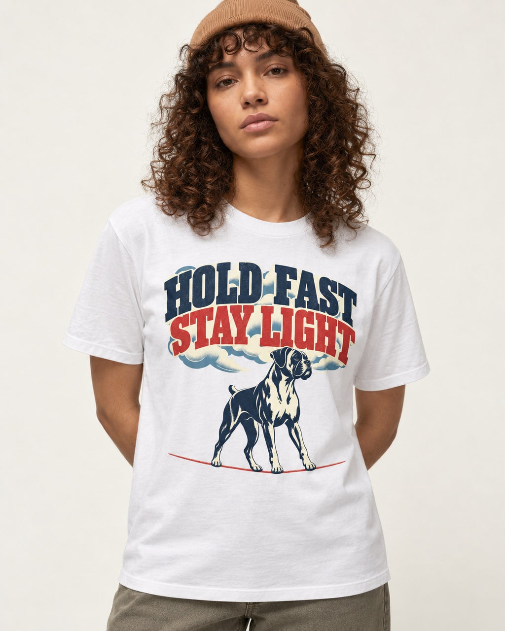 Hold Fast Stay Light Boxer Cloud Graphic T-Shirt in White, worn by a model