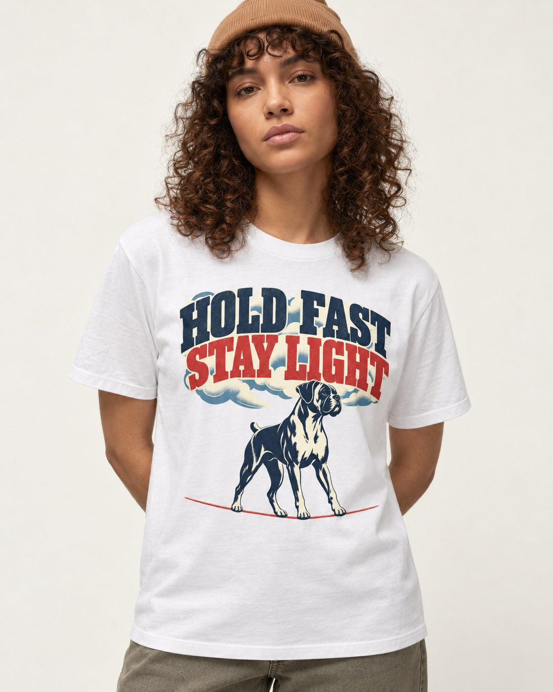 Hold Fast Stay Light Boxer Cloud Graphic T-Shirt in White, worn by a model