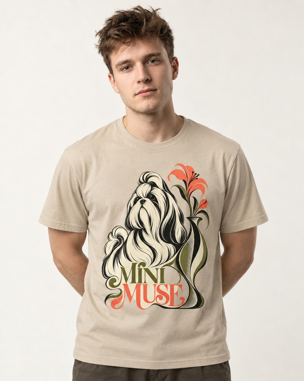 Shih Tzu Mini Muse T-Shirt in Sand, worn by a model