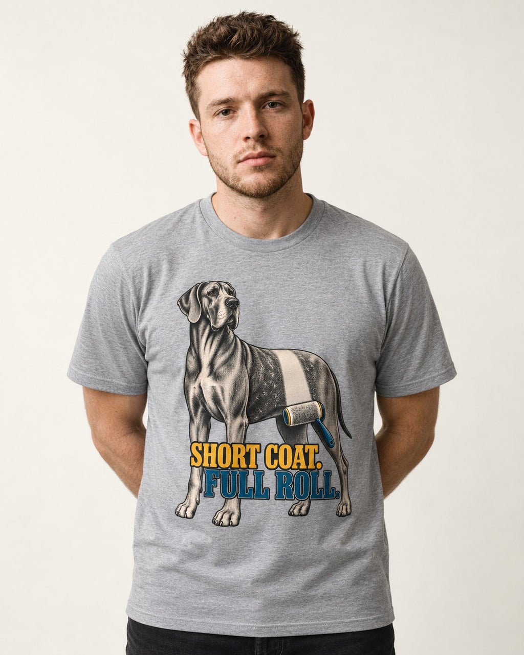 Short Coat Full Roll Great Dane T-Shirt in Sport Grey, worn by a model