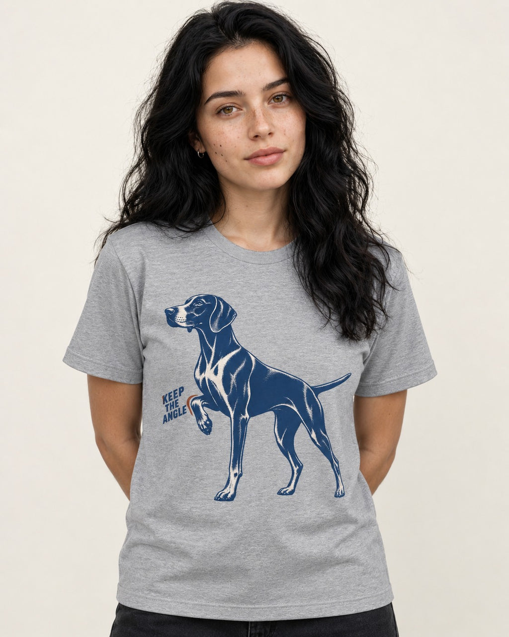 Keep the Angle German Shorthaired Pointer T-Shirt in Sport Grey, worn by a model