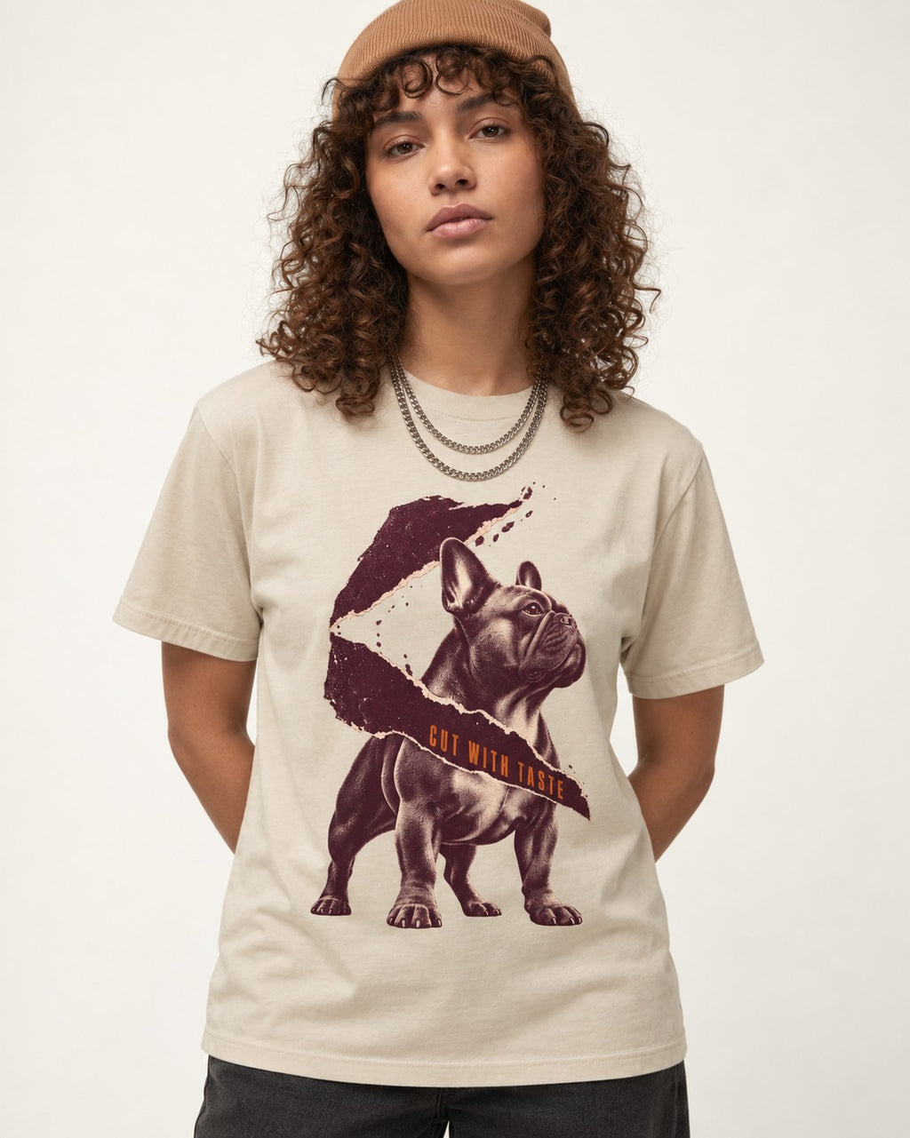 Frenchie Cut with Taste T-Shirt in Sand, worn by a model