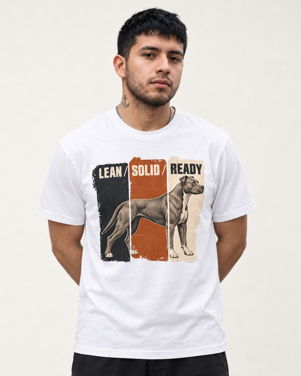 Pitbull Lean Solid Ready Triptych Graphic T-Shirt in White, worn by a model