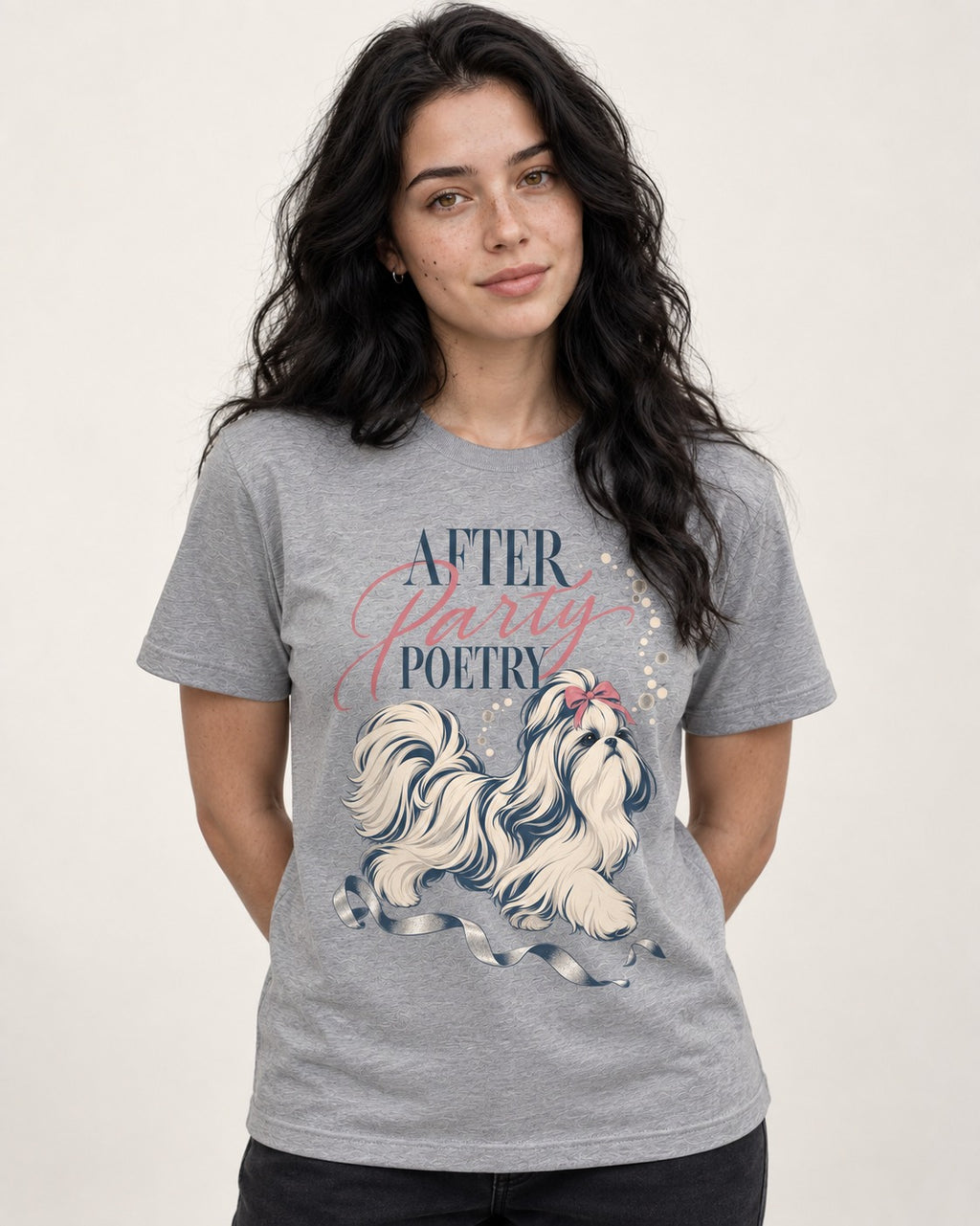 After Party Poetry Shih Tzu T-Shirt in Sport Grey, worn by a model