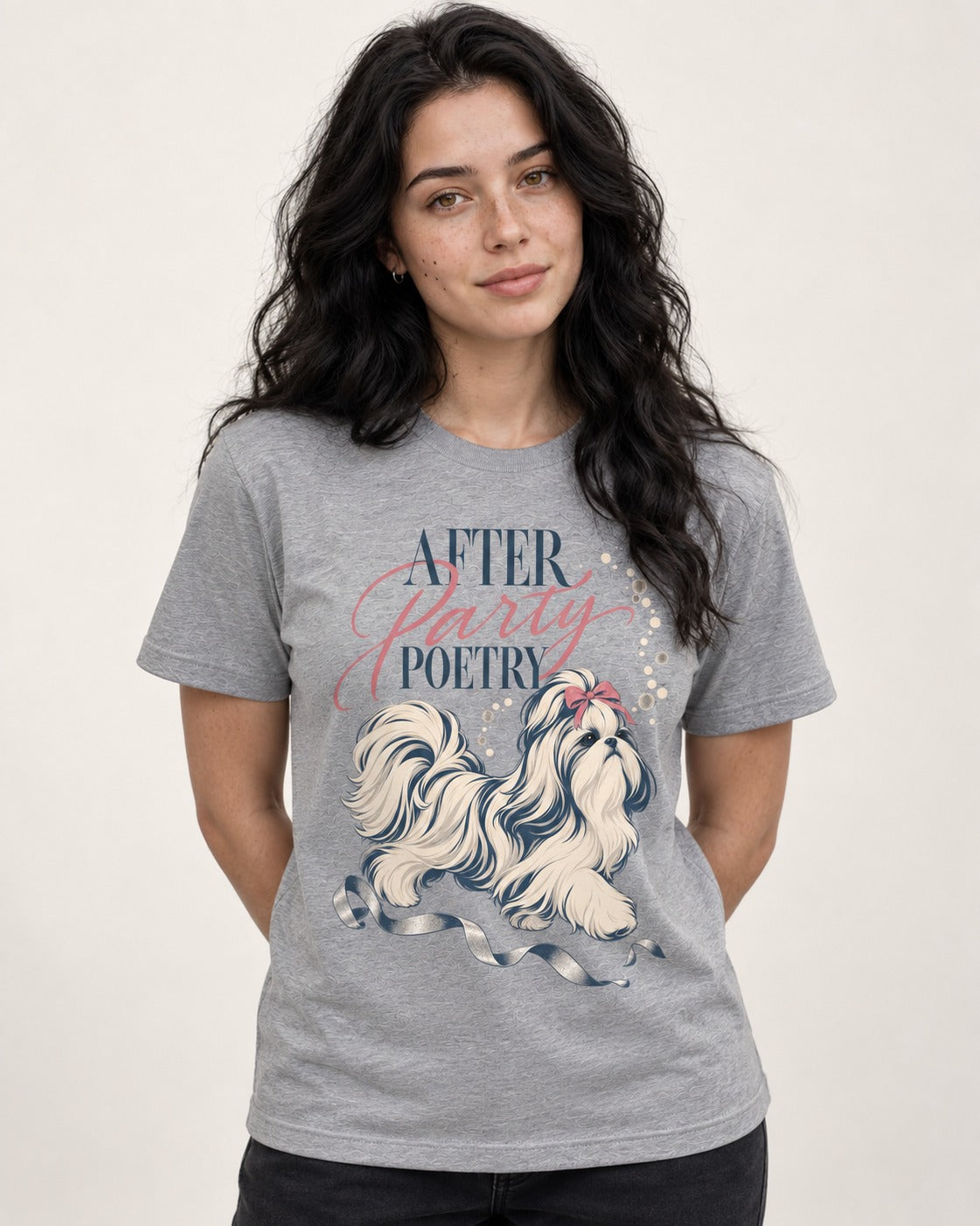 After Party Poetry Shih Tzu T-Shirt in Sport Grey, worn by a model